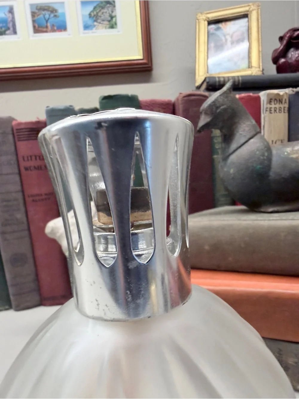 2 Vintage Lampe Berger Fragrance Lamps, Set Frosted Swirl Glass silver gold